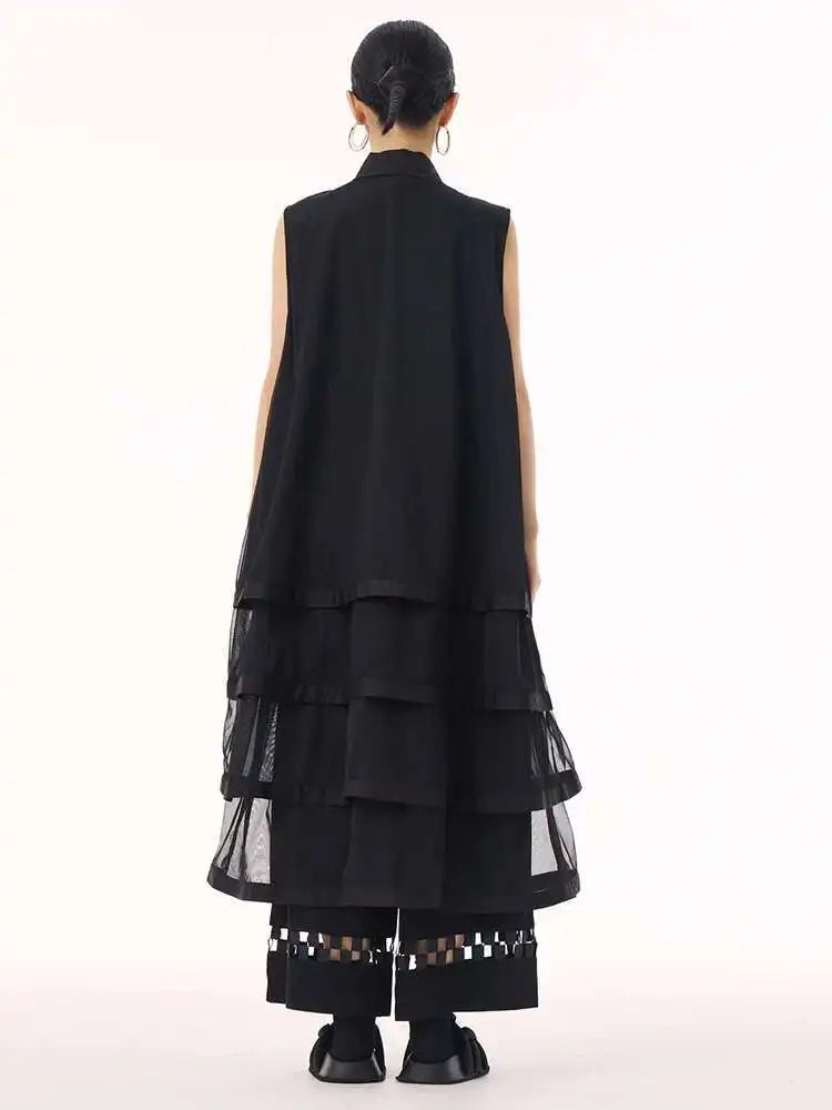 Women Black Layers Mesh Big Size Midi Vest Shirt Dress New Lapel Sleeveless Fashion Tide Spring Summer 2025 1DH9472