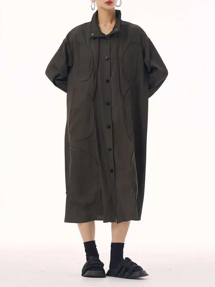 Women Army Green Patch Drawstring Big Size Midi Dress New Stand Collar Long Sleeve Fashion Tide Spring Autumn 2025 1DH9211