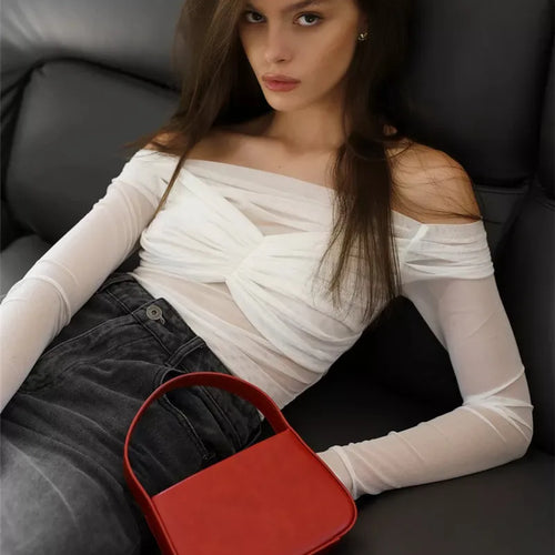 Load image into Gallery viewer, Summer Mesh Off-shoulder T-shirt Women Fashion Pleated Bust Backless Tees Tops Female Elegant Strapless See Through Top
