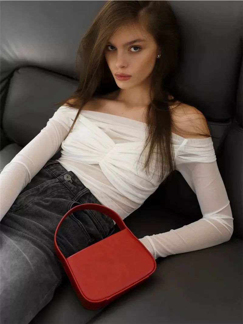 Summer Mesh Off-shoulder T-shirt Women Fashion Pleated Bust Backless Tees Tops Female Elegant Strapless See Through Top