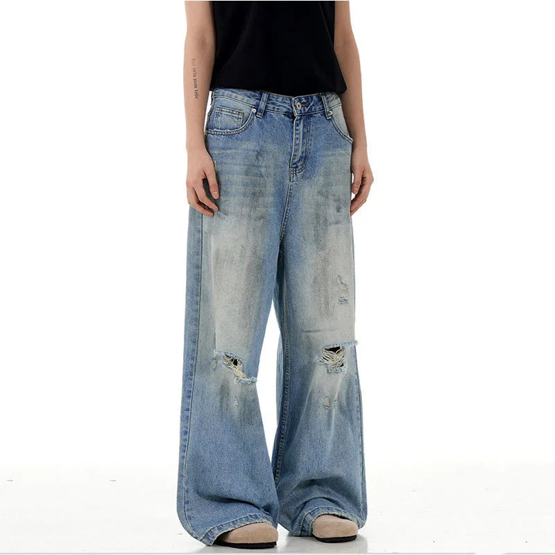 Men's Hole Jeans New American Style Distressed High Street Ripped Jeans Street Handsome Straight Wide Leg Summer 9W1719