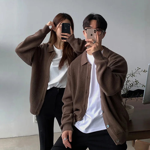 Load image into Gallery viewer, Men&#39;s Sweater New Korean Style Loose Knitted Cardigan Single Breasted Trendy Simple Turn-down Collar Pullover Top 9W1817
