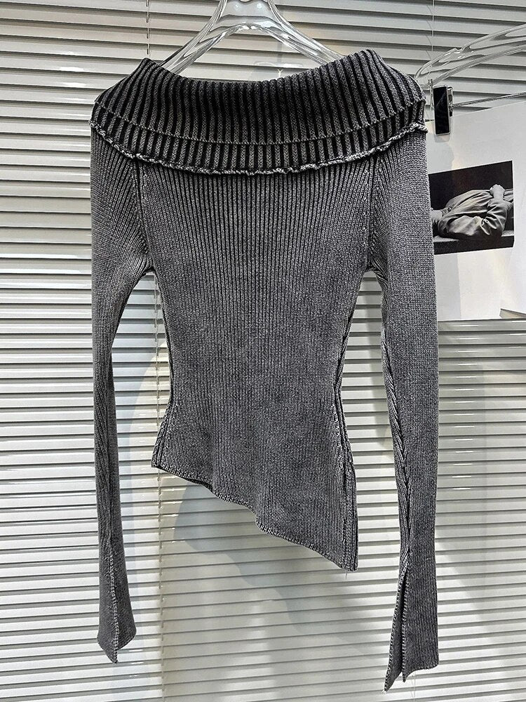 Solid Knitting Sweaters For Women Slash Neck Long Sleeve Patchwork Belt Slimming Chic Sweater Female Fashion Style