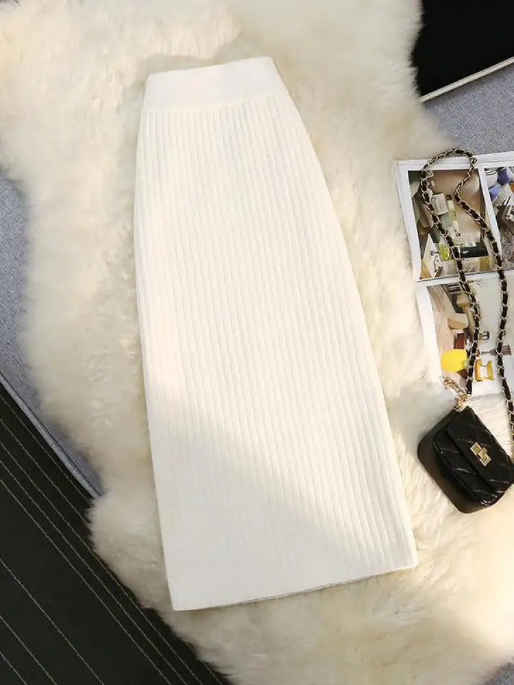 Sweater Knitted Skirt Women Autumn Winter Simple Style A-line Skirt Female Elegant Fashion High Waist Midi Skirts Lady