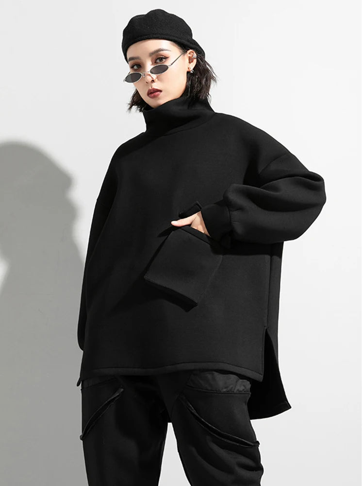 Women Big Size Pocket Irregular T-shirt New Turtleneck Long Batwing Sleeve  Fashion Tide  Spring Autumn 2025 1DD1482