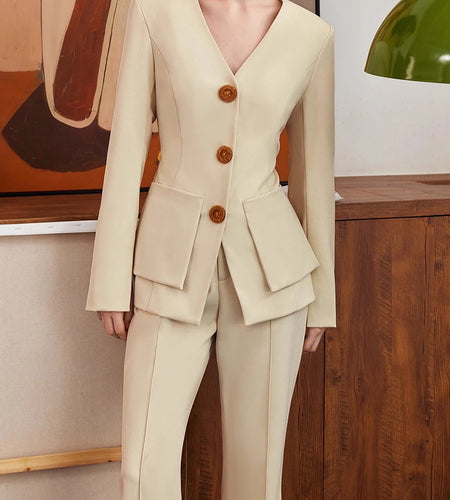 Slimming Temperament Two Piece Sets for Women V Neck Long Sleeves Spliced Button Blazer High Waist Pant Set Female