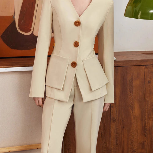 Load image into Gallery viewer, Slimming Temperament Two Piece Sets for Women V Neck Long Sleeves Spliced Button Blazer High Waist Pant Set Female
