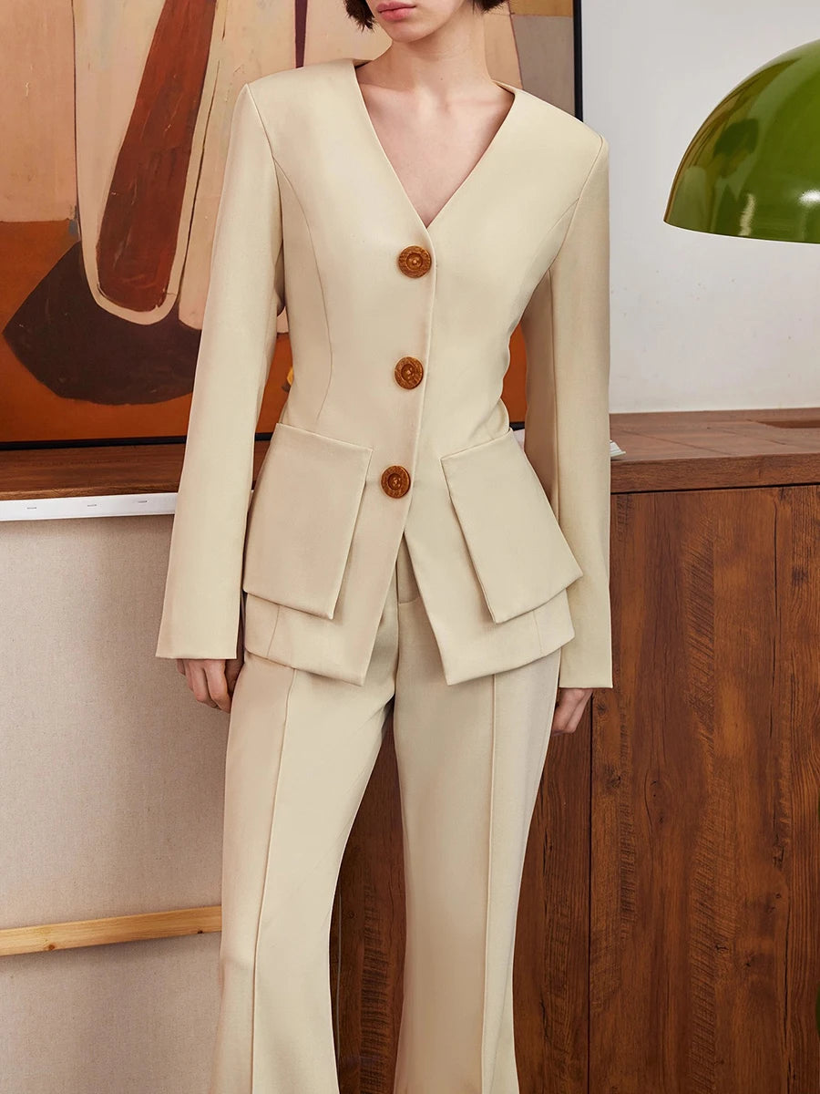 Slimming Temperament Two Piece Sets for Women V Neck Long Sleeves Spliced Button Blazer High Waist Pant Set Female