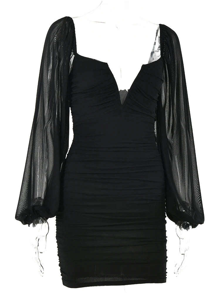 Backless Pleated Dress Women New Year 2022 Elegant Casual Solid Double Layer Mesh Mini Evening Dresses Female Clothing