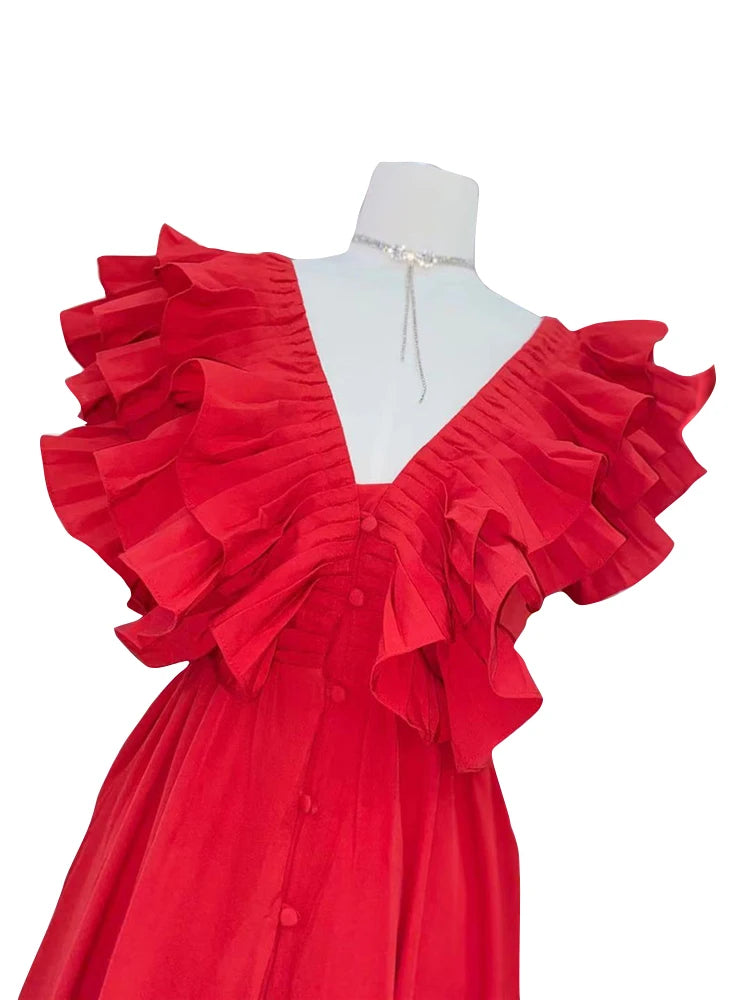 Sexy Red Dress For Women V Neck Sleeveless High Waist Ruffle Trim Solid Midi Loose Dresses Female 2022 Summer Fashion Style