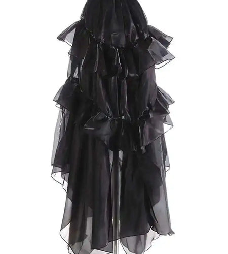 High Elastic Waist Brown Organza Glossy Ruffled Asymmetrical Half-body Skirt Women Fashion New Spring Autumn 2025 1DJ0073