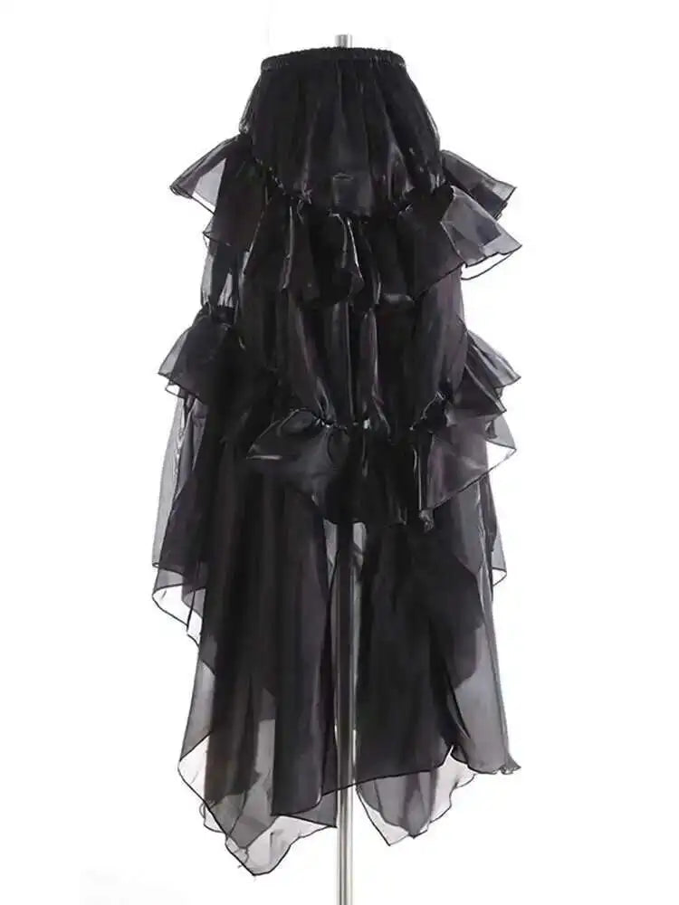 High Elastic Waist Brown Organza Glossy Ruffled Asymmetrical Half-body Skirt Women Fashion New Spring Autumn 2025 1DJ0073