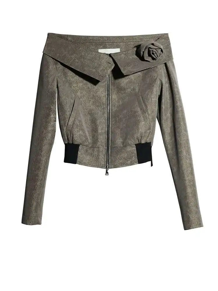 Coffee Three-dimensional Flower Elegant Jacket New Slash Neck Long Sleeve Women Coat Fashion Spring Autumn 2025 1DH8263