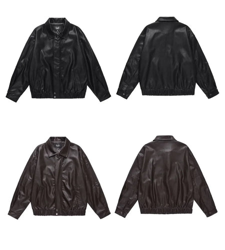 Men's PU Leather Jacket American Solid Color Motorcycle Jackets Streetwear Loose Turn-down Collar Trendy Spring 9W1462