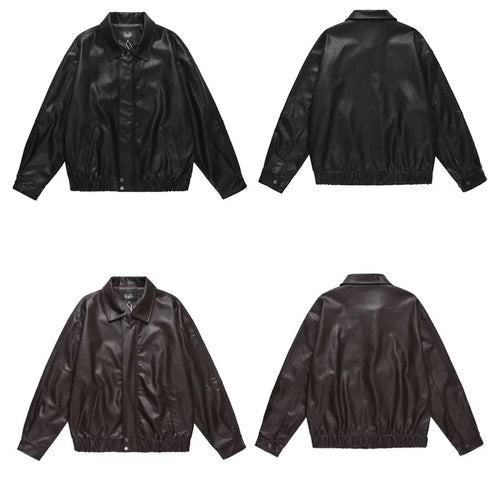 Load image into Gallery viewer, Men&#39;s PU Leather Jacket American Solid Color Motorcycle Jackets Streetwear Loose Turn-down Collar Trendy Spring 9W1462
