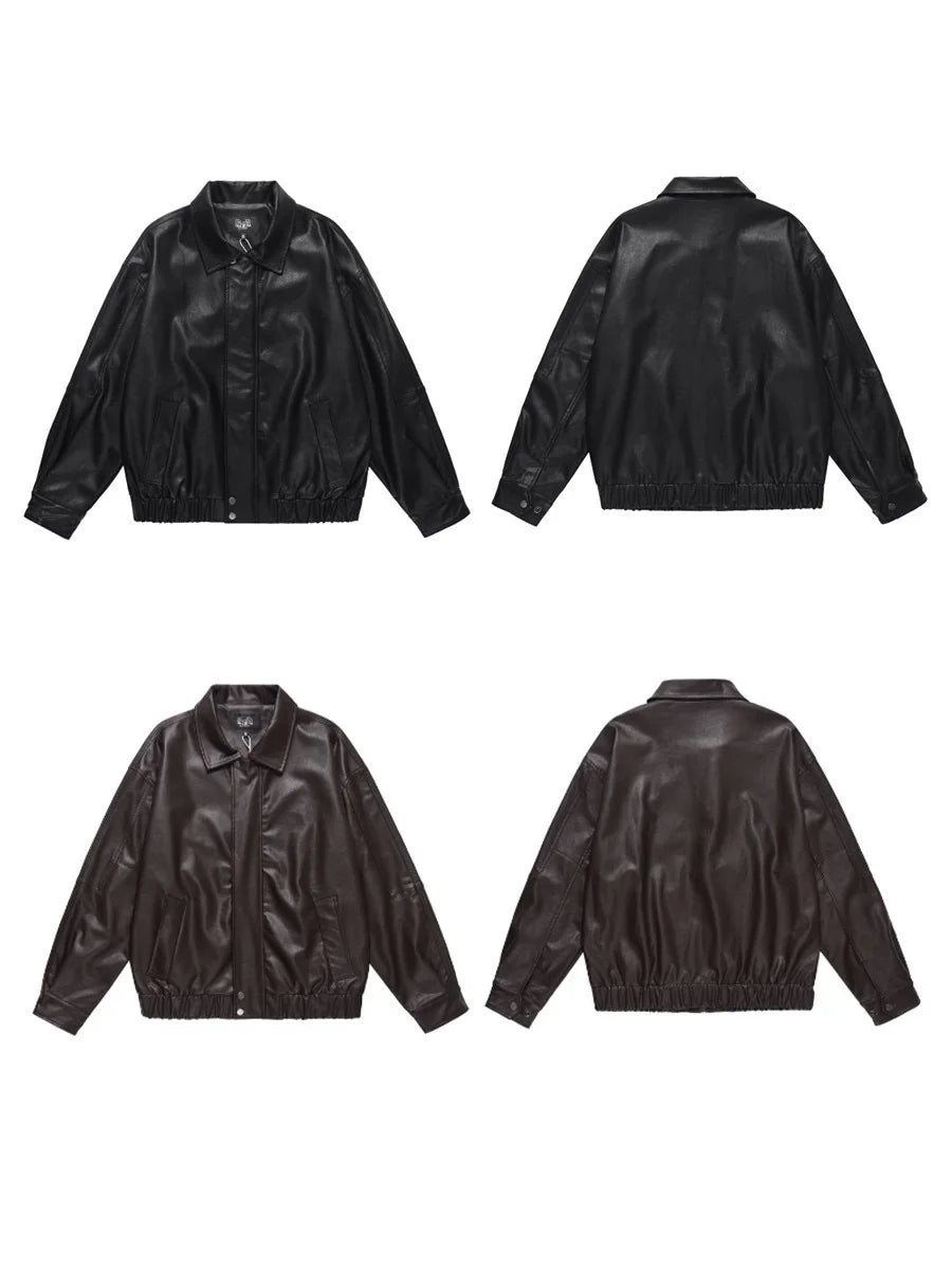 Men's PU Leather Jacket American Solid Color Motorcycle Jackets Streetwear Loose Turn-down Collar Trendy Spring 9W1462