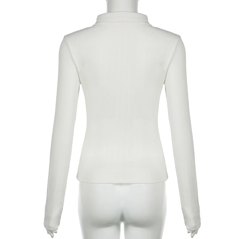 Casual Elegant Jacquard Single Breasted White Shirt Y2K Skinny Spring Autumn Knitwear Gentle Mature All Match Blouses