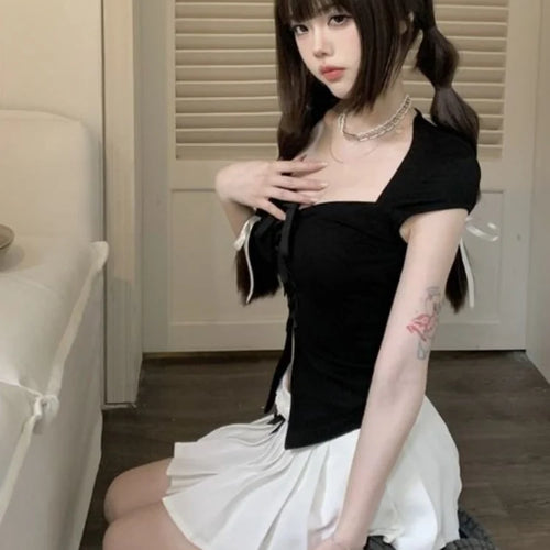 Load image into Gallery viewer, Bandage Short Sleeve Slim T-shirts Y2k Aesthetic Basic Sexy Split Cropped Top Women Fashion Streetwear Fairy Solid Harajuku Tees
