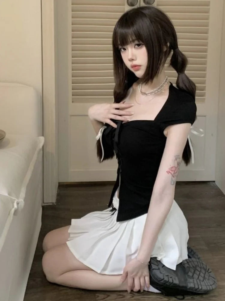 Bandage Short Sleeve Slim T-shirts Y2k Aesthetic Basic Sexy Split Cropped Top Women Fashion Streetwear Fairy Solid Harajuku Tees