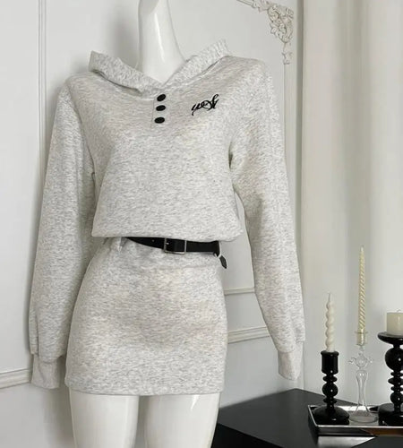 Autumn Beige Elegant Button Hoodie Sweatshirt Mini Dress Korean Fashion 2024 Women New Long Sleeve Vacation Slim Short Dress Y2k
