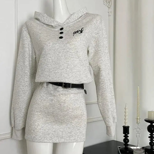 Load image into Gallery viewer, Autumn Beige Elegant Button Hoodie Sweatshirt Mini Dress Korean Fashion 2024 Women New Long Sleeve Vacation Slim Short Dress Y2k
