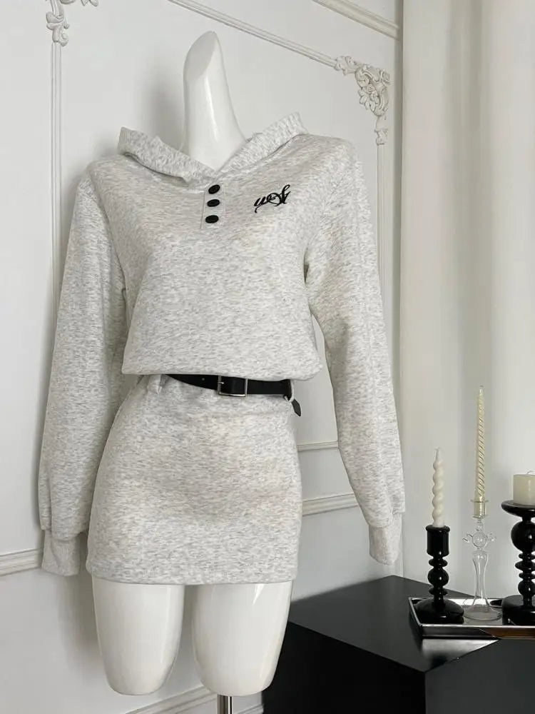 Autumn Beige Elegant Button Hoodie Sweatshirt Mini Dress Korean Fashion 2024 Women New Long Sleeve Vacation Slim Short Dress Y2k