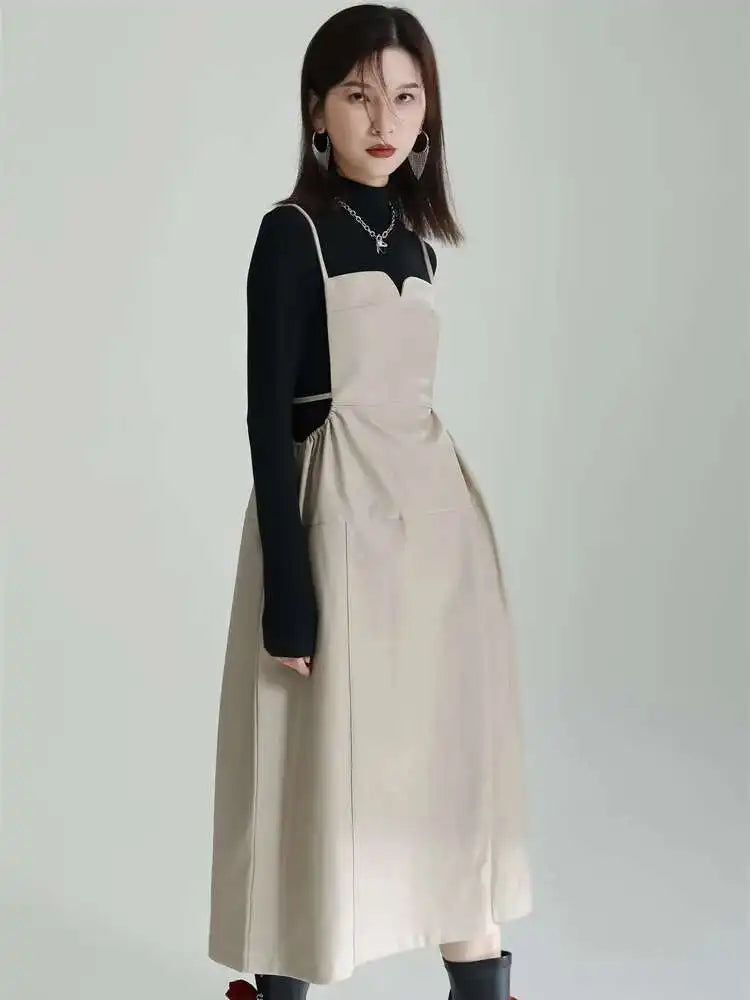 Women Apricot PU Leather Big Size Spaghetti Strap Dress New Square Collar Loose Fit Fashion Spring Autumn 2025 1DF4804