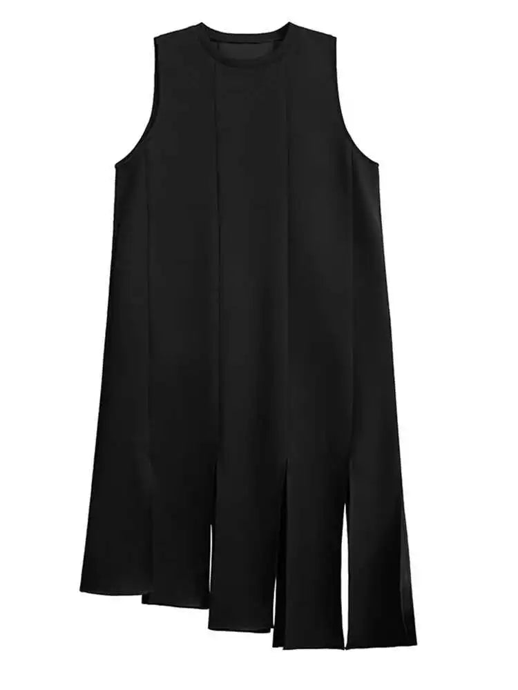 Women Black Irregular Ribbons Big Size Strap Dress New Round Neck Sleeveless Fashion Tide Spring Autumn 2025 1DH8059