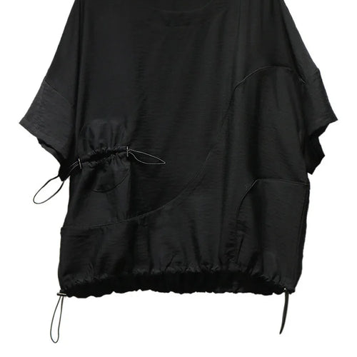 Load image into Gallery viewer, Women Black  Drawstring Big Size Casual T-shirt New Round Neck Short Sleeve Fashion Tide Spring Summer 2025 1DJ0427
