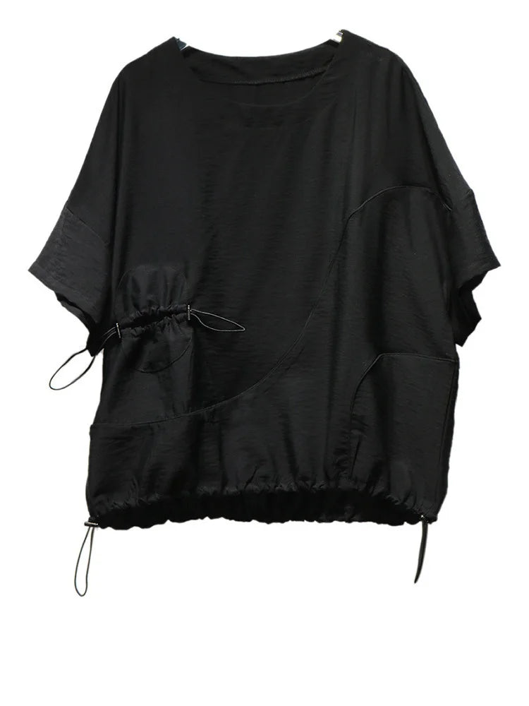 Women Black  Drawstring Big Size Casual T-shirt New Round Neck Short Sleeve Fashion Tide Spring Summer 2025 1DJ0427