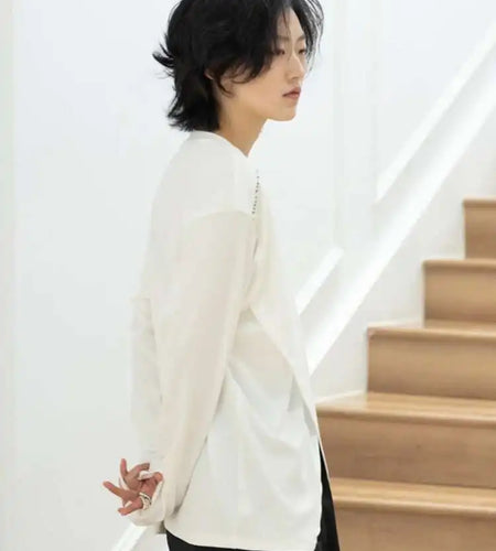 Women Black Irregular Slit Embroidery Casual T-shirt New Round Neck Long Sleeve Fashion Tide Spring Autumn 2025 1DH0106