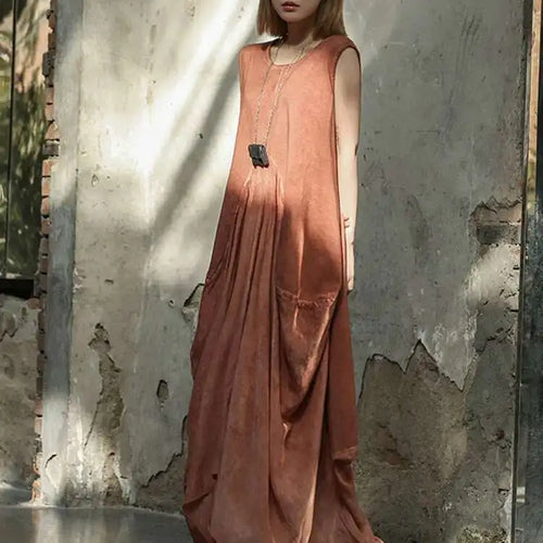 Load image into Gallery viewer, Women Orange Pleated Vintage Casual Dress New Round Neck Sleeveless Loose Fit Fashion Tide Spring Summer 2025 1DF6825
