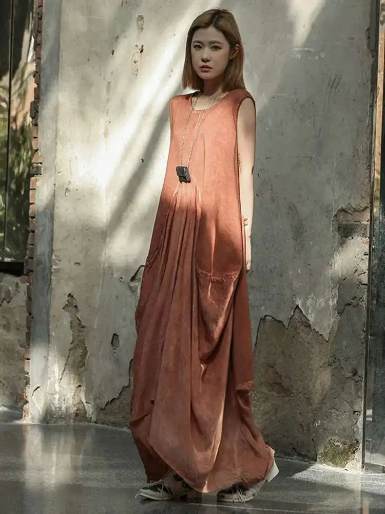 Women Orange Pleated Vintage Casual Dress New Round Neck Sleeveless Loose Fit Fashion Tide Spring Summer 2025 1DF6825