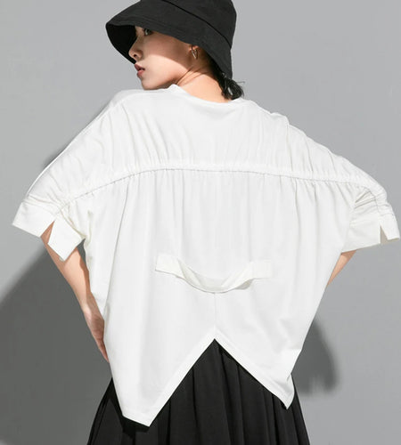 Women White Irregular Big Size T-shirt New Round Neck Three-quarter Batwing Sleeve Fashion Tide Spring Summer 20251DJ1823