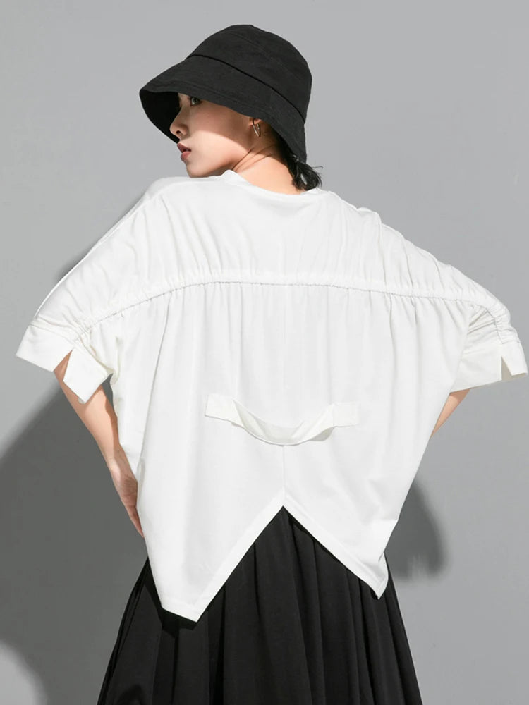 Women White Irregular Big Size T-shirt New Round Neck Three-quarter Batwing Sleeve Fashion Tide Spring Summer 20251DJ1823