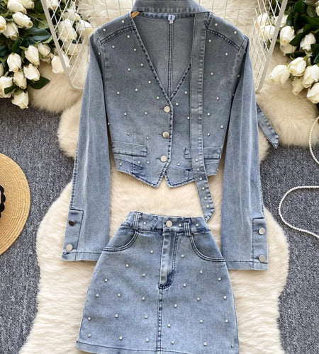 Autumn Winter Retro Two Pieces Set Women Blue V Neck Single Breasted Elegant Short Denim Tops And High Waist Shorts Skirt Suits