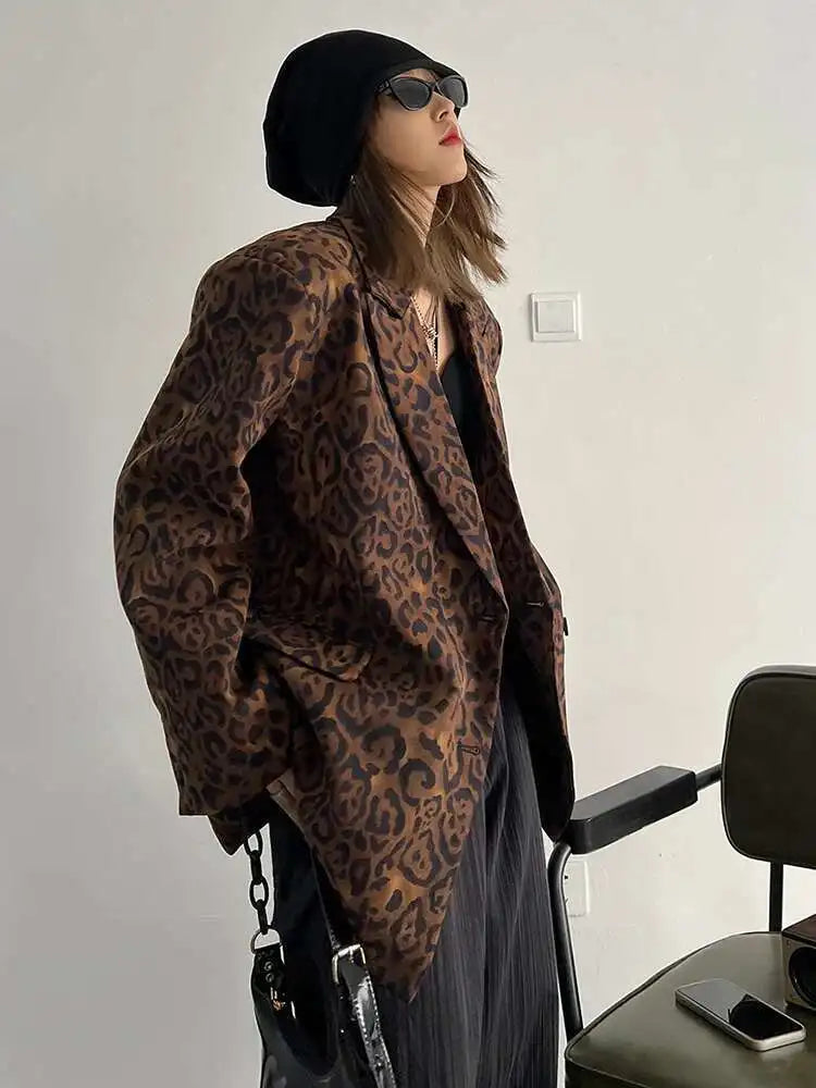 Women Leopard Print Big Size Casual Blazer New Lapel Long Sleeve Loose Fit Jacket Fashion Tide Spring Autumn 2025 1DF2518