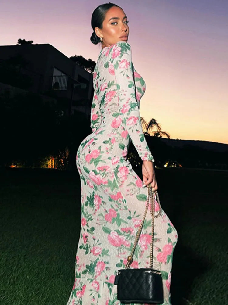 Bodycon Long Sleeve Half High Collar Print Zipper Elegant Maxi Dress Women Slim High Waist Sexy Dress Ladies Outfits