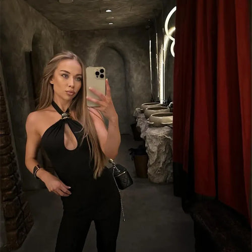 Load image into Gallery viewer, Halter Hollow Out Sexy Crop Tops Pullovers Women Vest Summer New Ring Metal Off-shoulder Tank Tops Female Skinny Top
