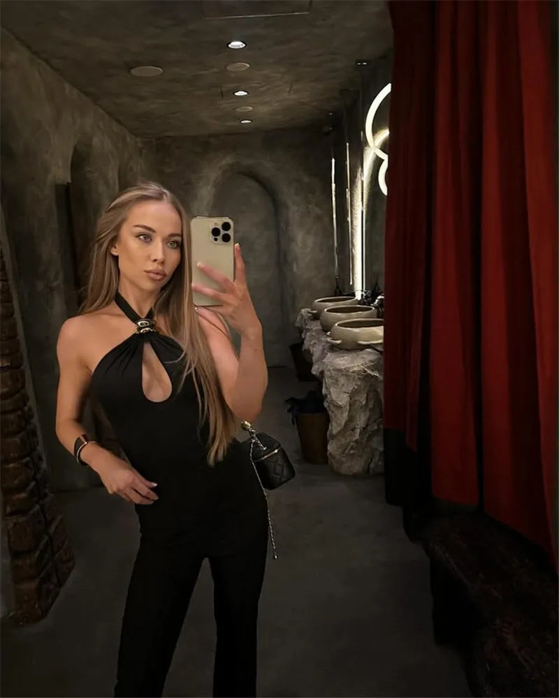 Halter Hollow Out Sexy Crop Tops Pullovers Women Vest Summer New Ring Metal Off-shoulder Tank Tops Female Skinny Top