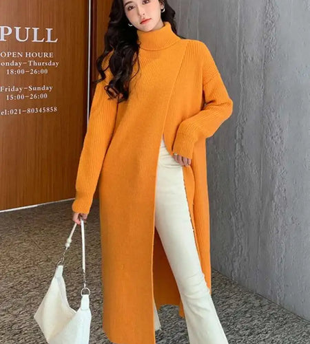 Women Orange Knitting Long Slit Big Size Dress New Turtleneck Long Sleeve Loose Fit Fashion Spring Autumn 2025 1DE5886