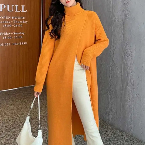 Load image into Gallery viewer, Women Orange Knitting Long Slit Big Size Dress New Turtleneck Long Sleeve Loose Fit Fashion Spring Autumn 2025 1DE5886
