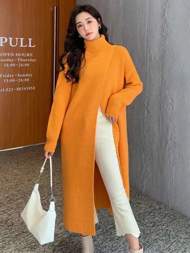 Women Orange Knitting Long Slit Big Size Dress New Turtleneck Long Sleeve Loose Fit Fashion Spring Autumn 2025 1DE5886