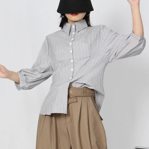 Load image into Gallery viewer, Slim Striped Shirt For Women Bowknot Collar Puff Sleeve Colorblock Button Through Blouse Female Clothes Fashion
