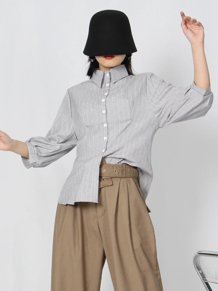 Slim Striped Shirt For Women Bowknot Collar Puff Sleeve Colorblock Button Through Blouse Female Clothes Fashion