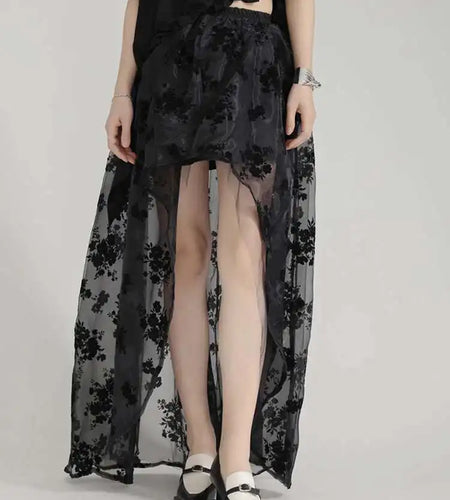High Waist Black Lace Organza Perspective A-line Half-body Skirt Women Fashion Tide New Spring Autumn 2025 1DH6041