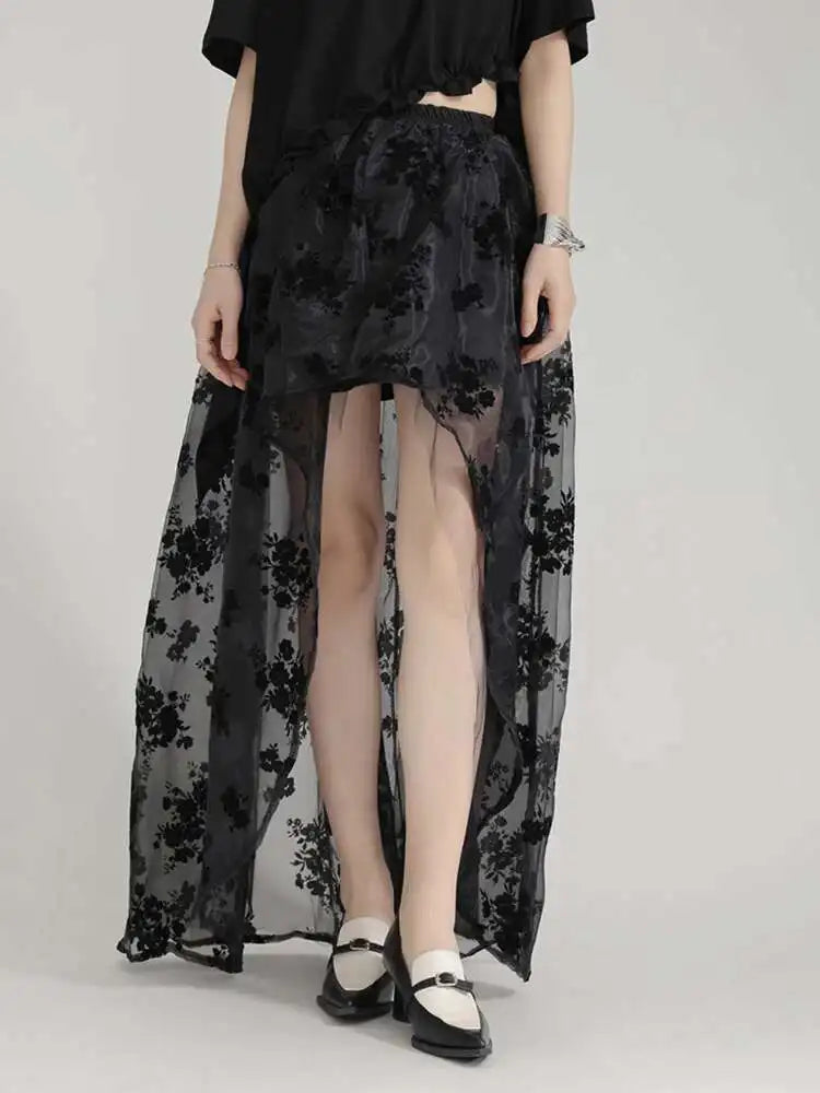 High Waist Black Lace Organza Perspective A-line Half-body Skirt Women Fashion Tide New Spring Autumn 2025 1DH6041