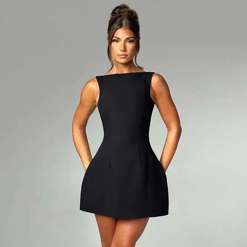 Elegant Backless Mini Tank Dress For Women Fashion Black O Neck Sleeveless Club Party A-line Basics Sexy Dress New