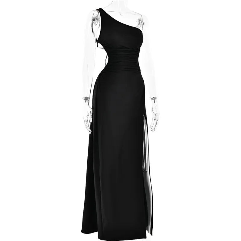 One Shoulder Diagonal Collar Backless Sexy Maxi Dress For Women Robe Fashion Off-shoulder Sleeveless High Split Dress