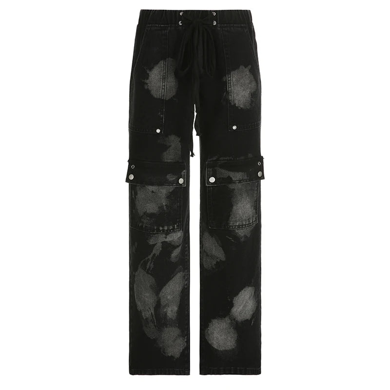 Grunge Gothic Cargo Pants Women Jeans Y2K Aesthetic Dark Academia Baggy Denim Trousers Tie Dye Drawstring Harajuku